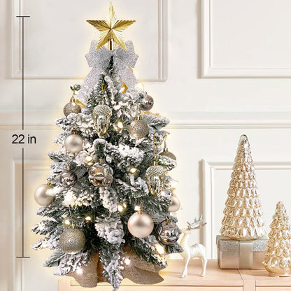 2Ft Mini Christmas Tree with Light Artificial Small Tabletop Christmas Decoration with Flocked Snow, Exquisite Decor & Xmas Ornaments for Table Top for Home & Office, Rose Gold