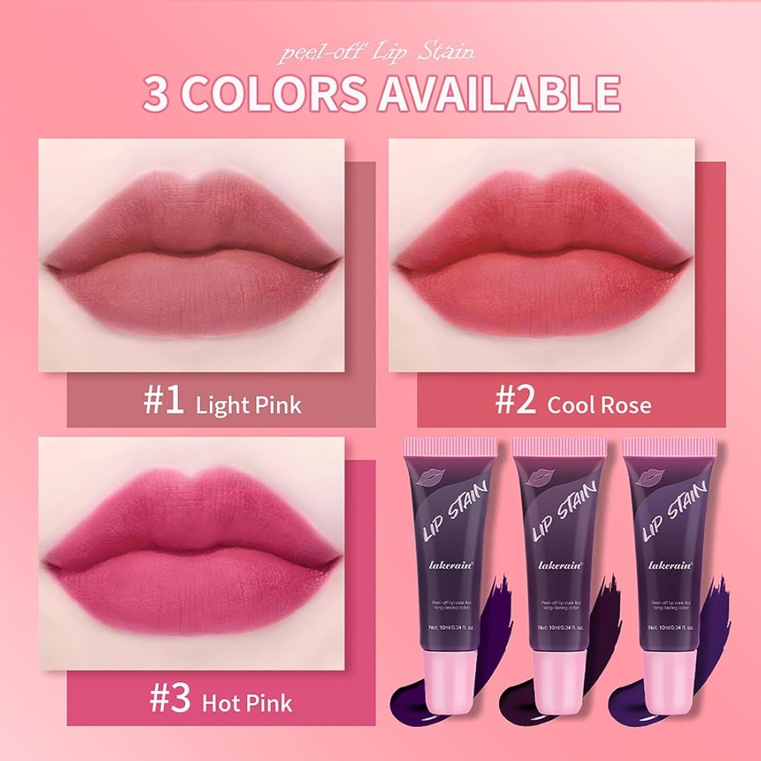 3 Colors Peel off Lip Stain Lip Gloss, Long Lasting Tattoo Magic Color Lip Stain Peel off Masque, Waterproof, Transfer Proof and Matte Finish Peel off Lip Stain