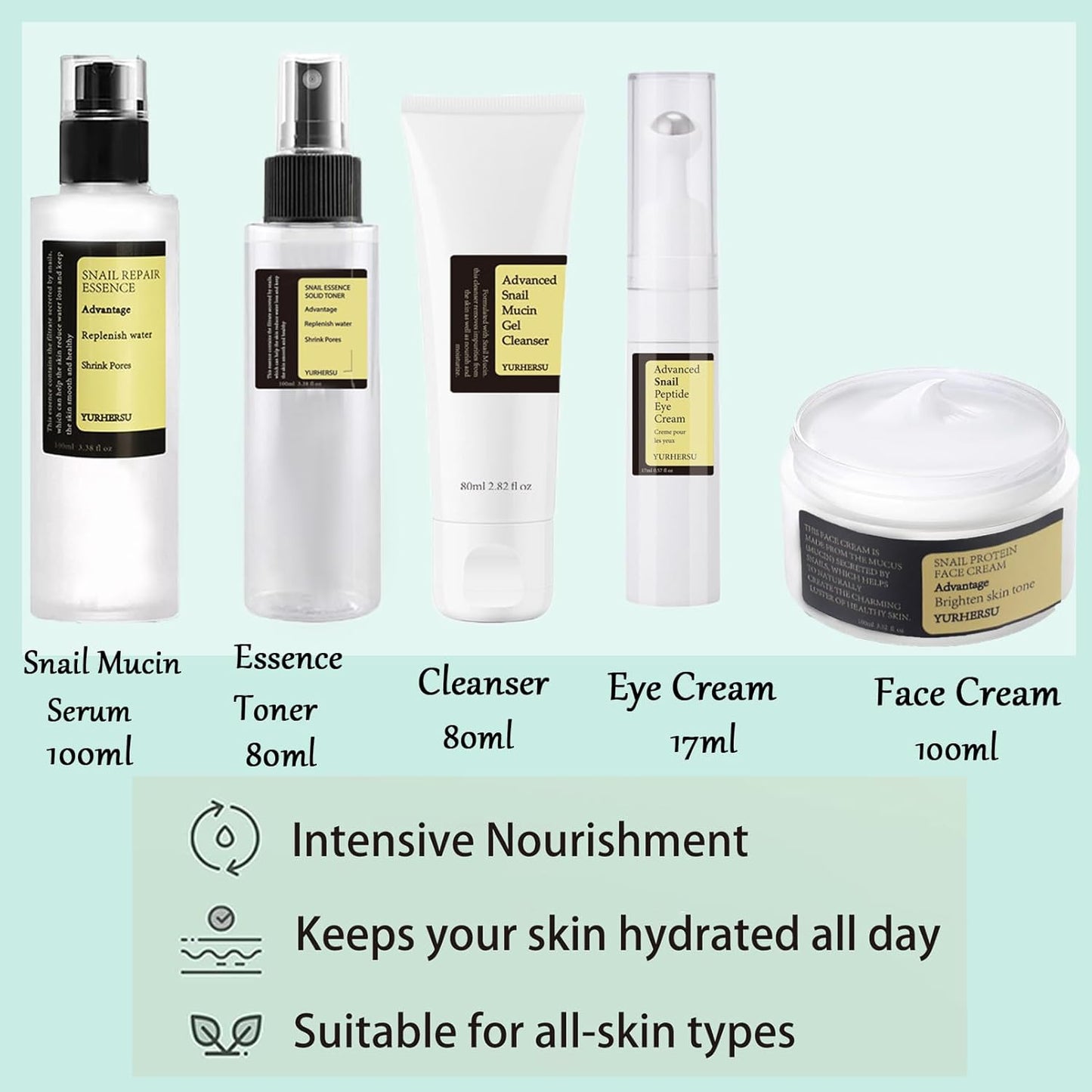 Snail Mucin Essence Set,5Pcs Snail Skincare Sets for Teenage Girls,Firming Snail Mucin Moisturiser,Face Toner & Face Serum & Cleanser & Cream & Eye Cream,Basic Skin Moisturiser,Improve Dull Skin