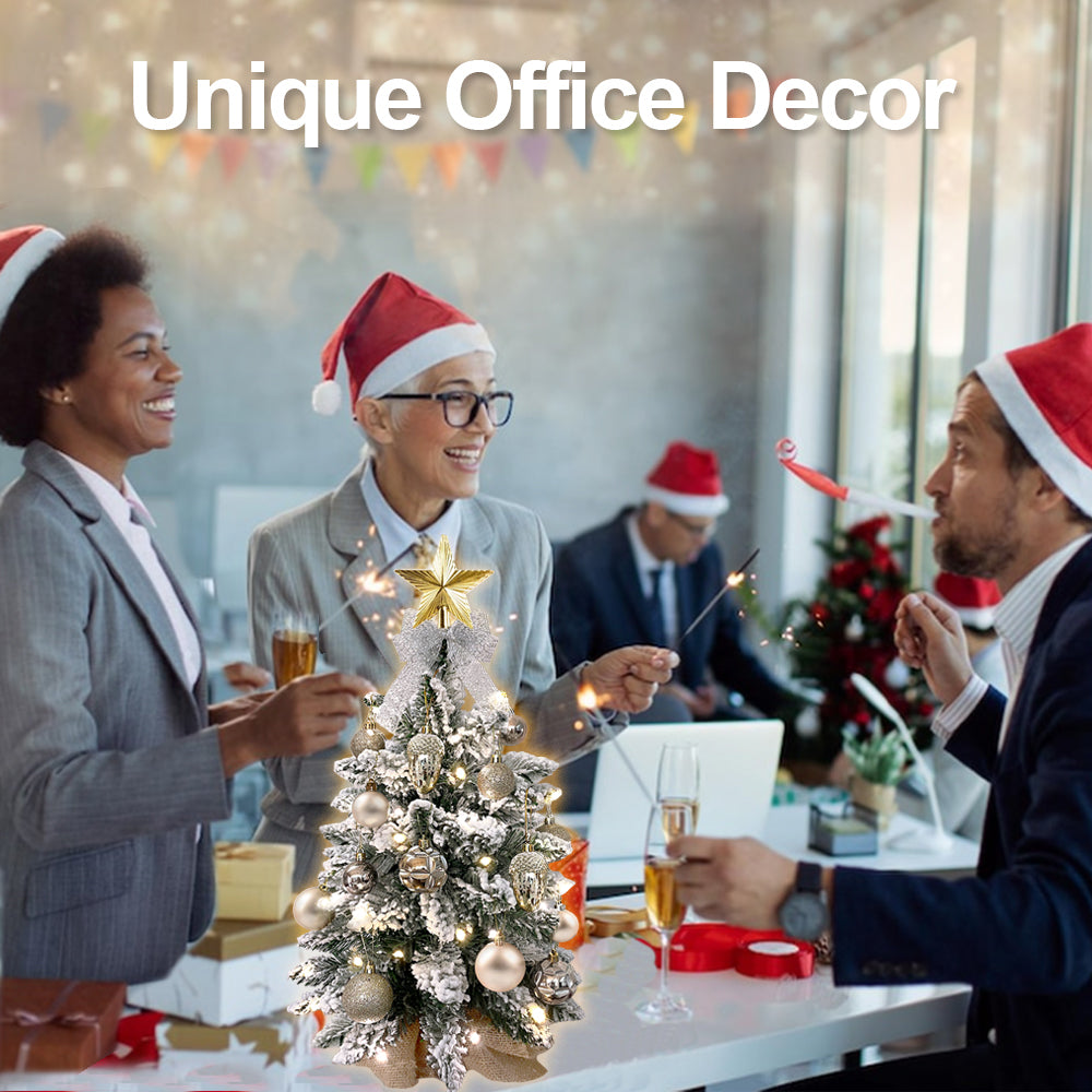 2Ft Mini Christmas Tree with Light Artificial Small Tabletop Christmas Decoration with Flocked Snow, Exquisite Decor & Xmas Ornaments for Table Top for Home & Office, Rose Gold