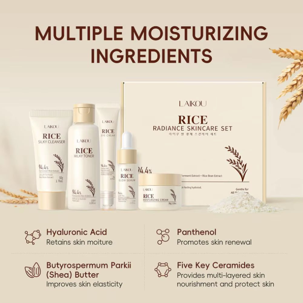 Rice Skincare Set Beauty Skin Care Set Brighten Hydrating Moisturize Soothing Rice Cleanser/Toner/Serum/Eye Cream/Face Cream