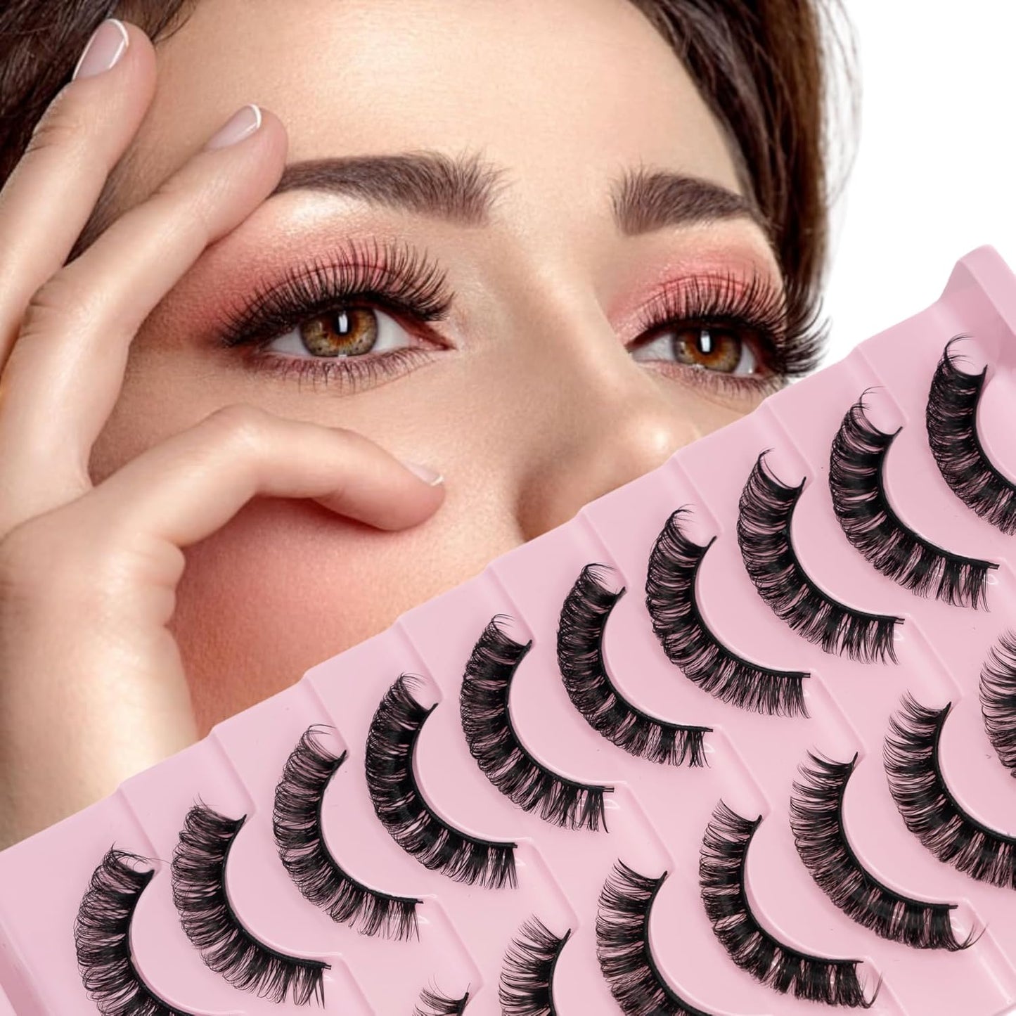 Russian Strip Lashes D Curl Fake Lashes Long Eyelashes Cat Eye Lashes Natural Look Eye Lash Set of 10 Pairs Eyelash Strips Wispy False Eyelashes Fluffy Mink Lashes 3D Effect