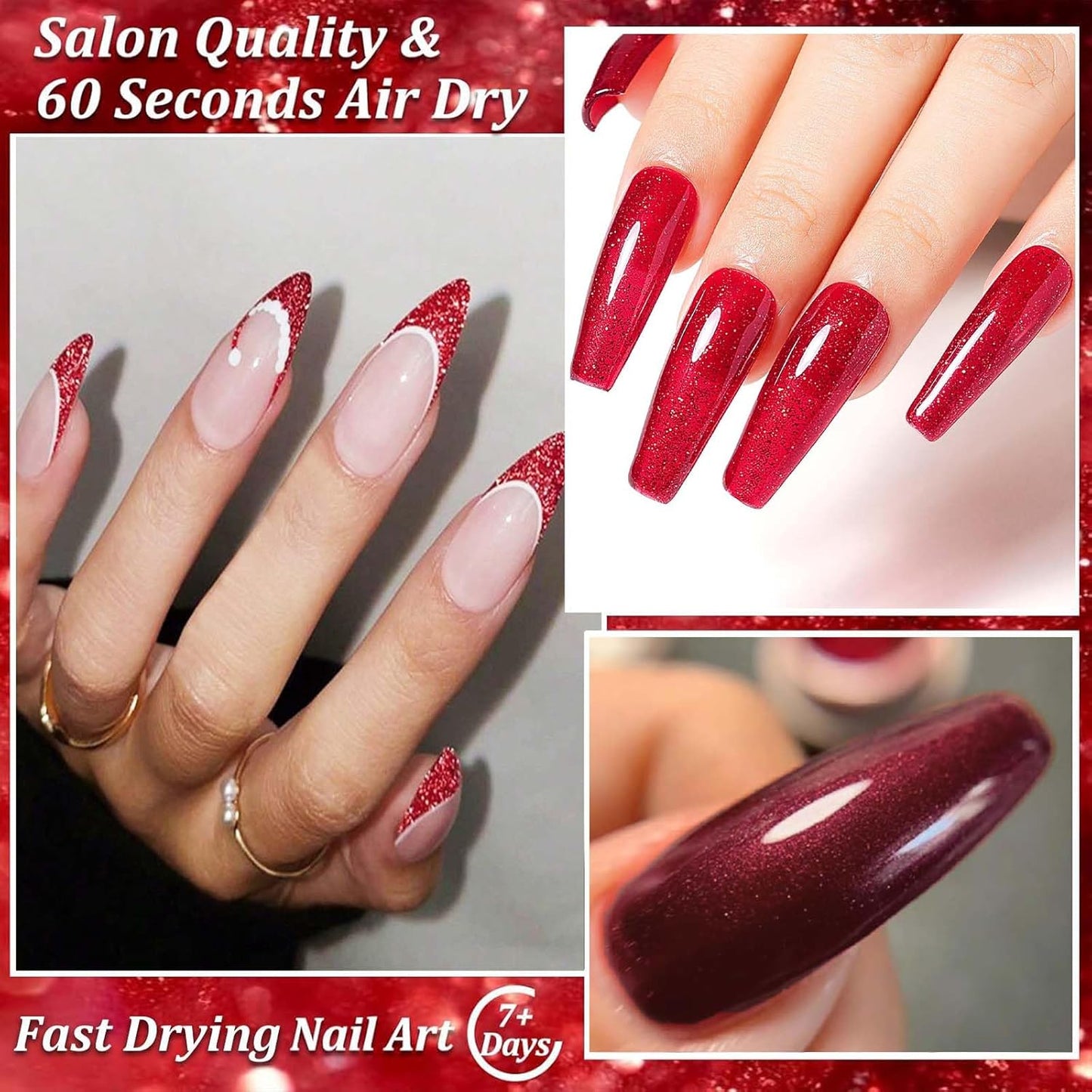 Red Nail Polish Set - 3PCS Glitter Nail Varnish 