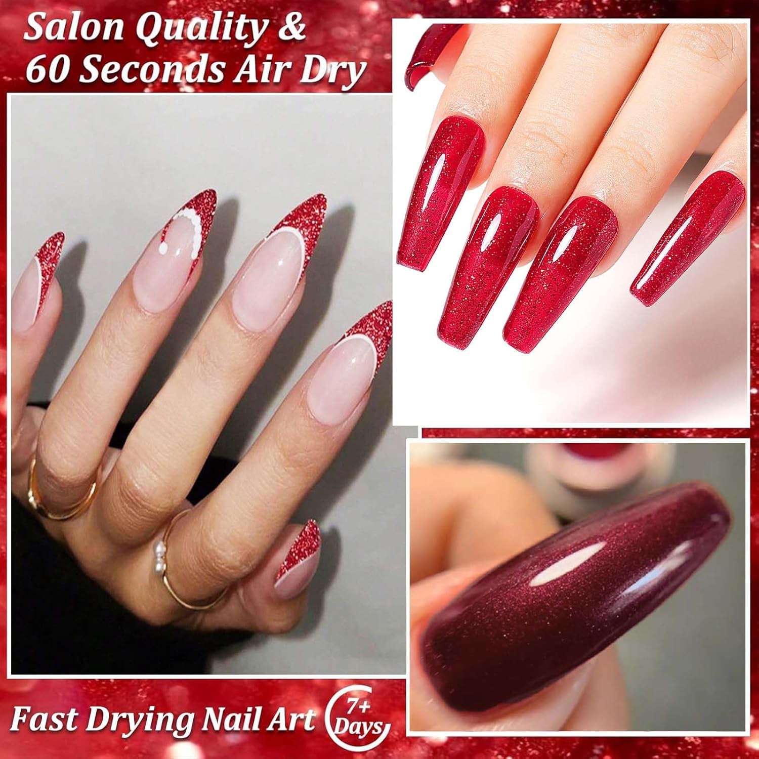 Red Nail Polish Set - 3PCS Glitter Nail Varnish 