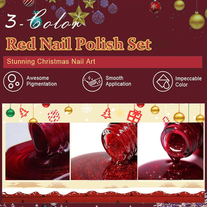 Red Nail Polish Set - 3PCS Glitter Nail Varnish 