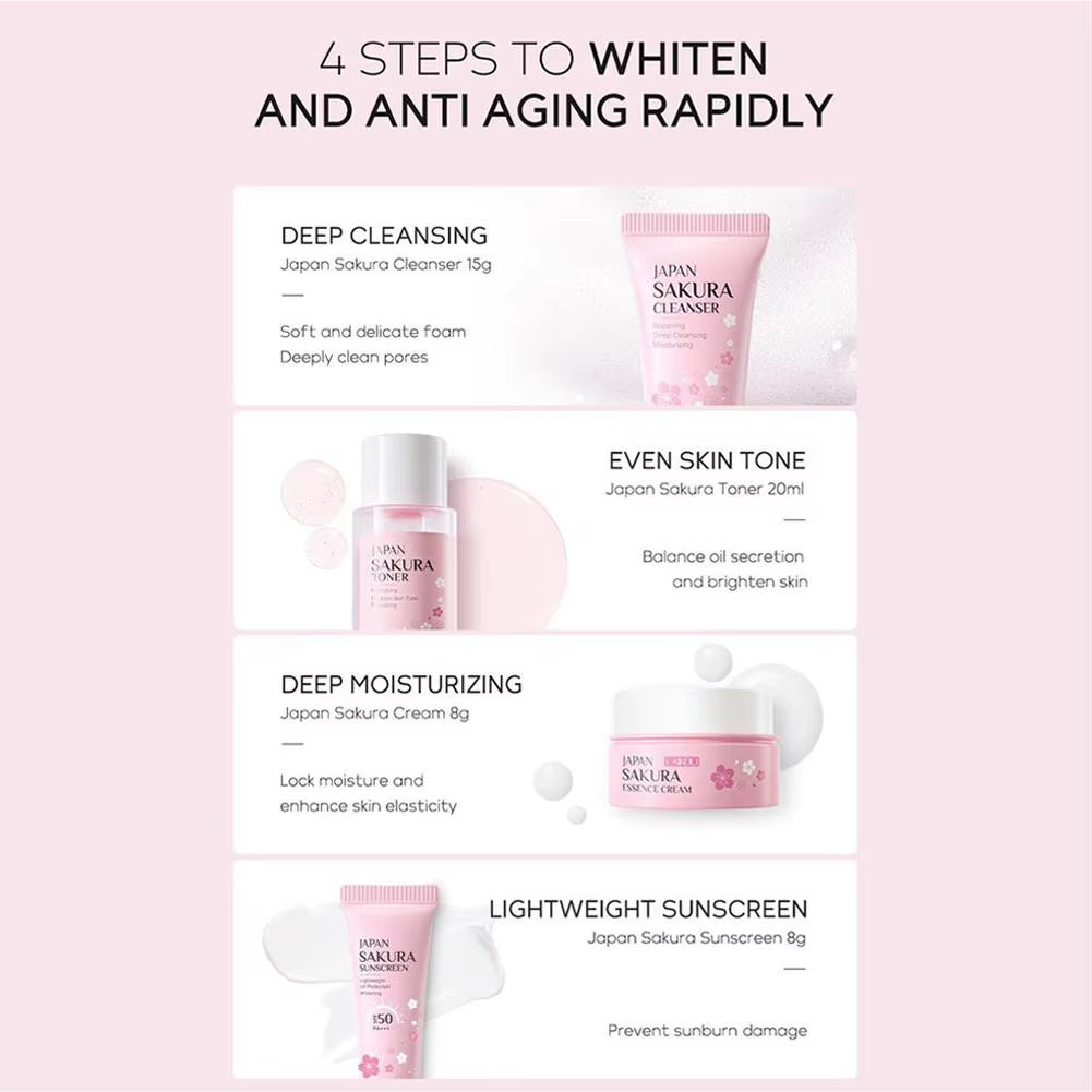 4Pcs/Bag Sakura Skin Care Sets Facial Cleanser Face Face Toner Sunscreen Products Care Moisturizing Smoothing Nourishing