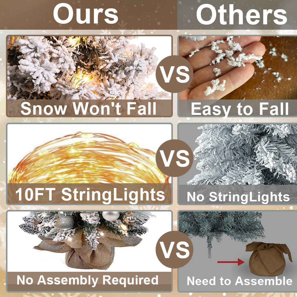 2Ft Mini Christmas Tree with Light Artificial Small Tabletop Christmas Decoration with Flocked Snow, Exquisite Decor & Xmas Ornaments for Table Top for Home & Office, Rose Gold