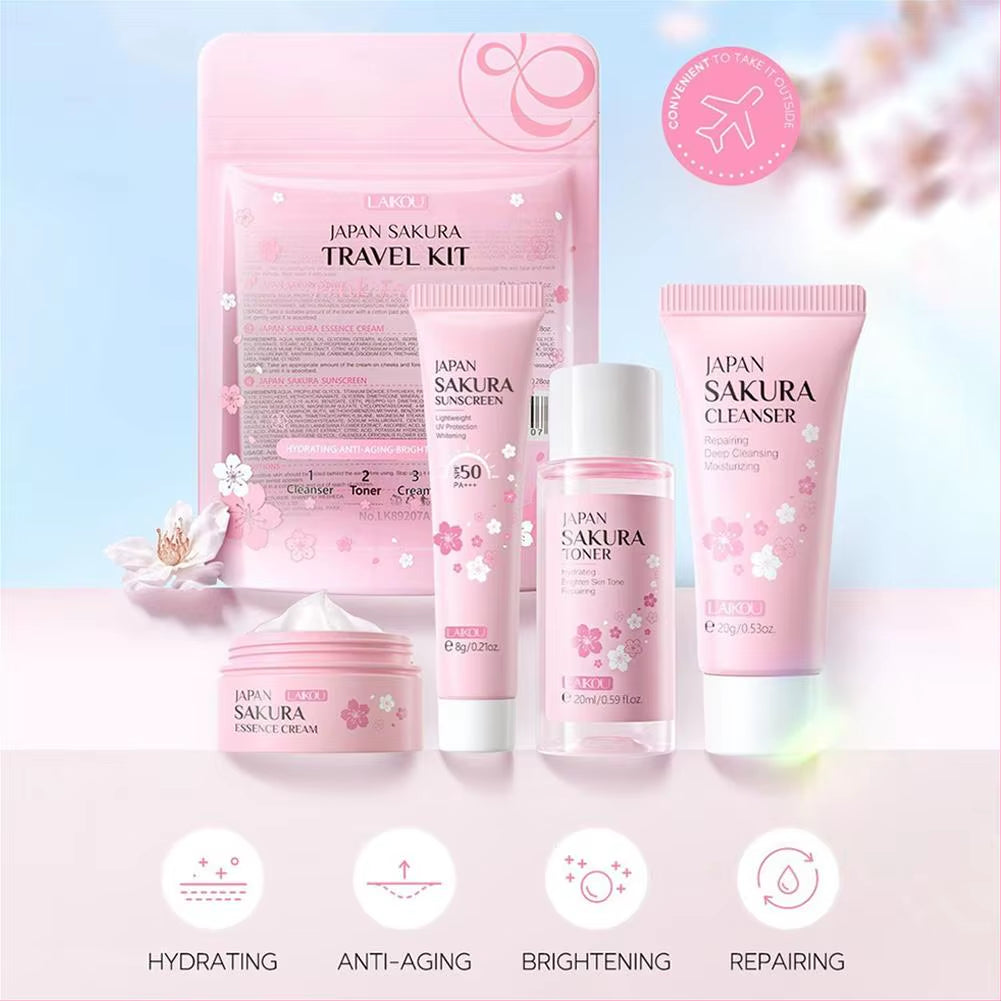 4Pcs/Bag Sakura Skin Care Sets Facial Cleanser Face Face Toner Sunscreen Products Care Moisturizing Smoothing Nourishing