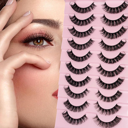 Russian Strip Lashes D Curl Fake Lashes Long Eyelashes Cat Eye Lashes Natural Look Eye Lash Set of 10 Pairs Eyelash Strips Wispy False Eyelashes Fluffy Mink Lashes 3D Effect