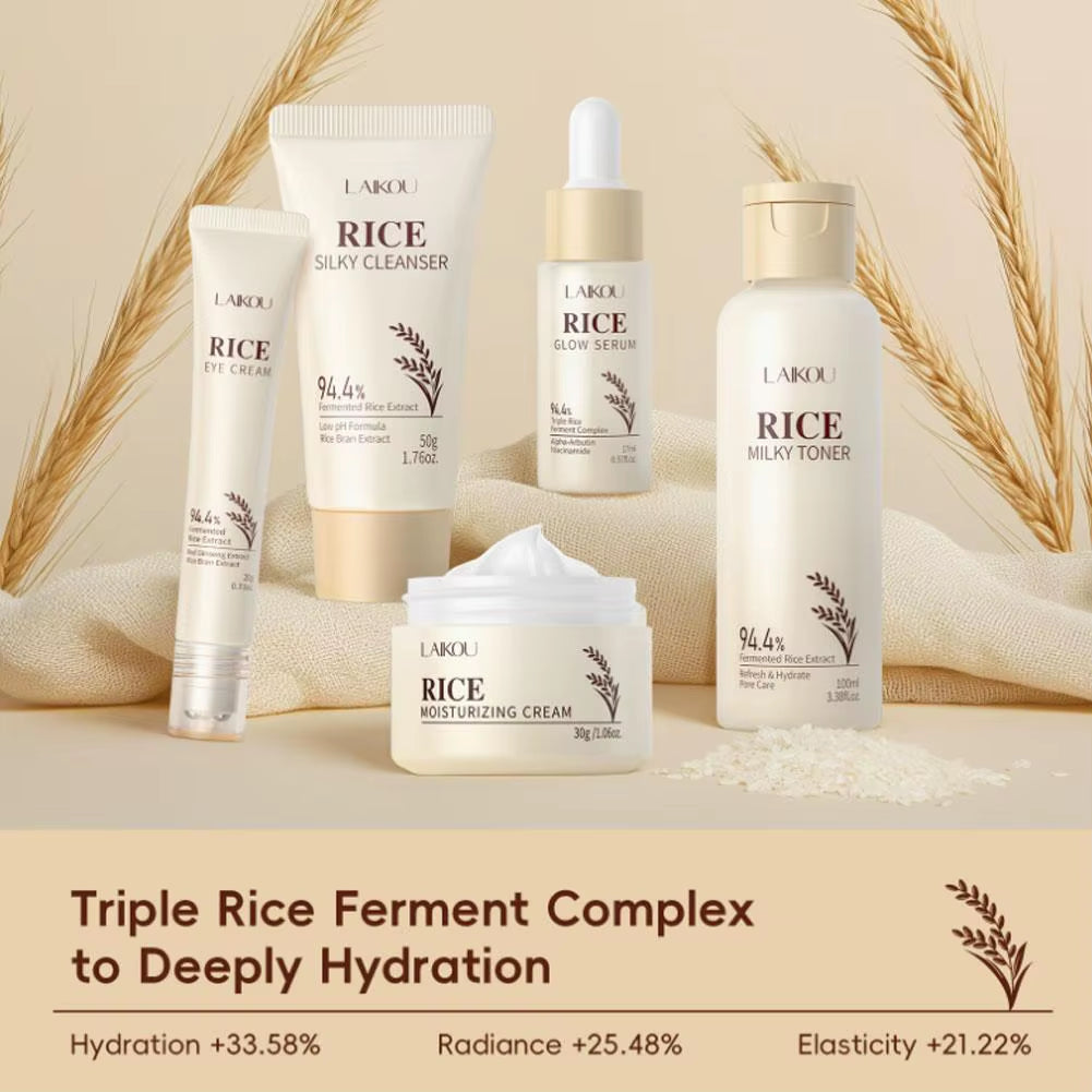 Rice Skincare Set Beauty Skin Care Set Brighten Hydrating Moisturize Soothing Rice Cleanser/Toner/Serum/Eye Cream/Face Cream