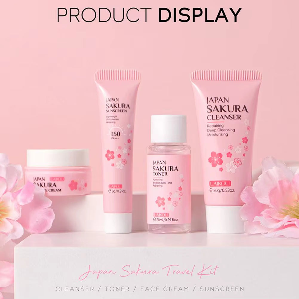 4Pcs/Bag Sakura Skin Care Sets Facial Cleanser Face Face Toner Sunscreen Products Care Moisturizing Smoothing Nourishing