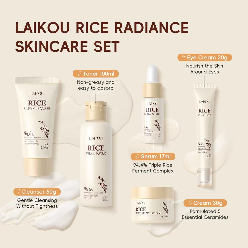 Rice Skincare Set Beauty Skin Care Set Brighten Hydrating Moisturize Soothing Rice Cleanser/Toner/Serum/Eye Cream/Face Cream