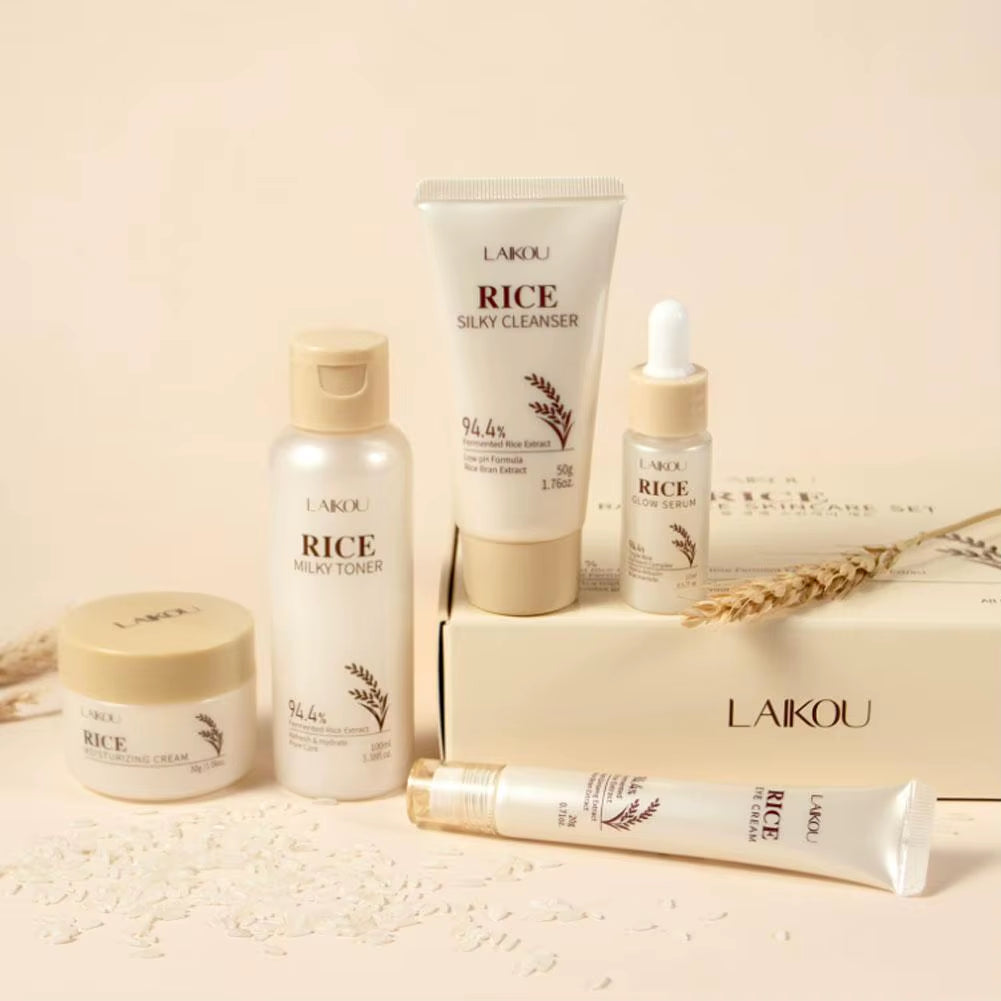 Rice Skincare Set Beauty Skin Care Set Brighten Hydrating Moisturize Soothing Rice Cleanser/Toner/Serum/Eye Cream/Face Cream